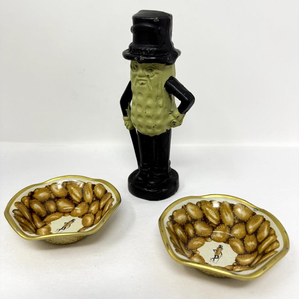Vintage Planters Mr Peanut Figure w Gold Peanut Bowls Celluloid Set USA